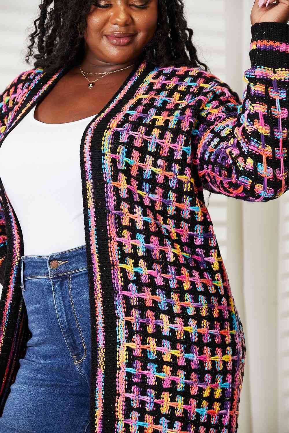 Double Take Full Size Multicolored Open Front Fringe Hem Cardigan - Do Shop It™