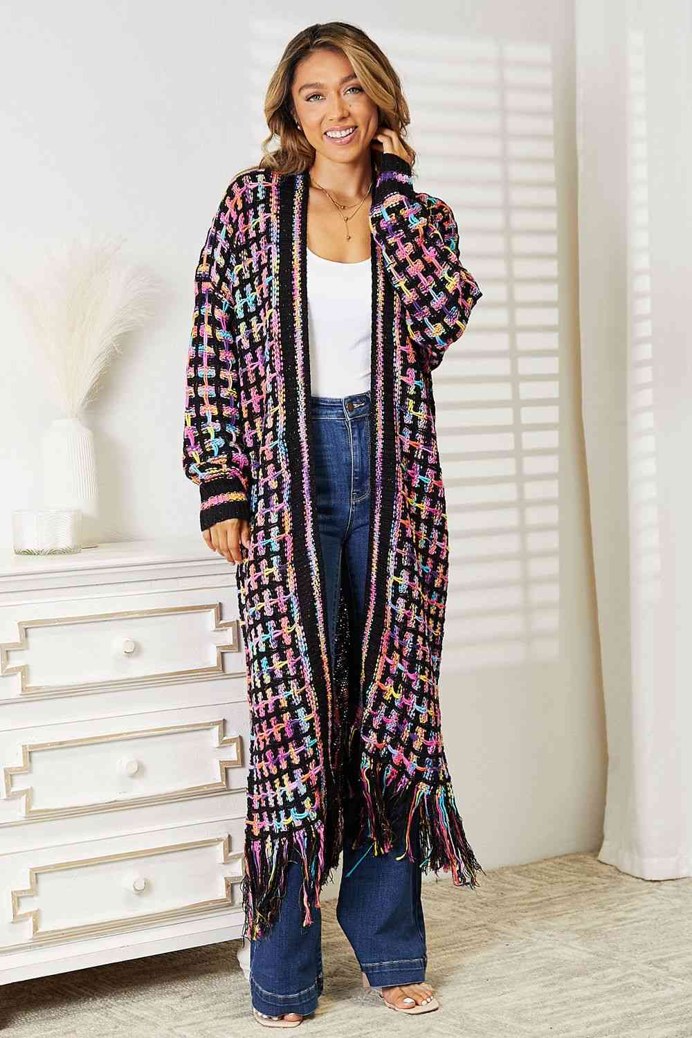 Double Take Full Size Multicolored Open Front Fringe Hem Cardigan - Do Shop It™