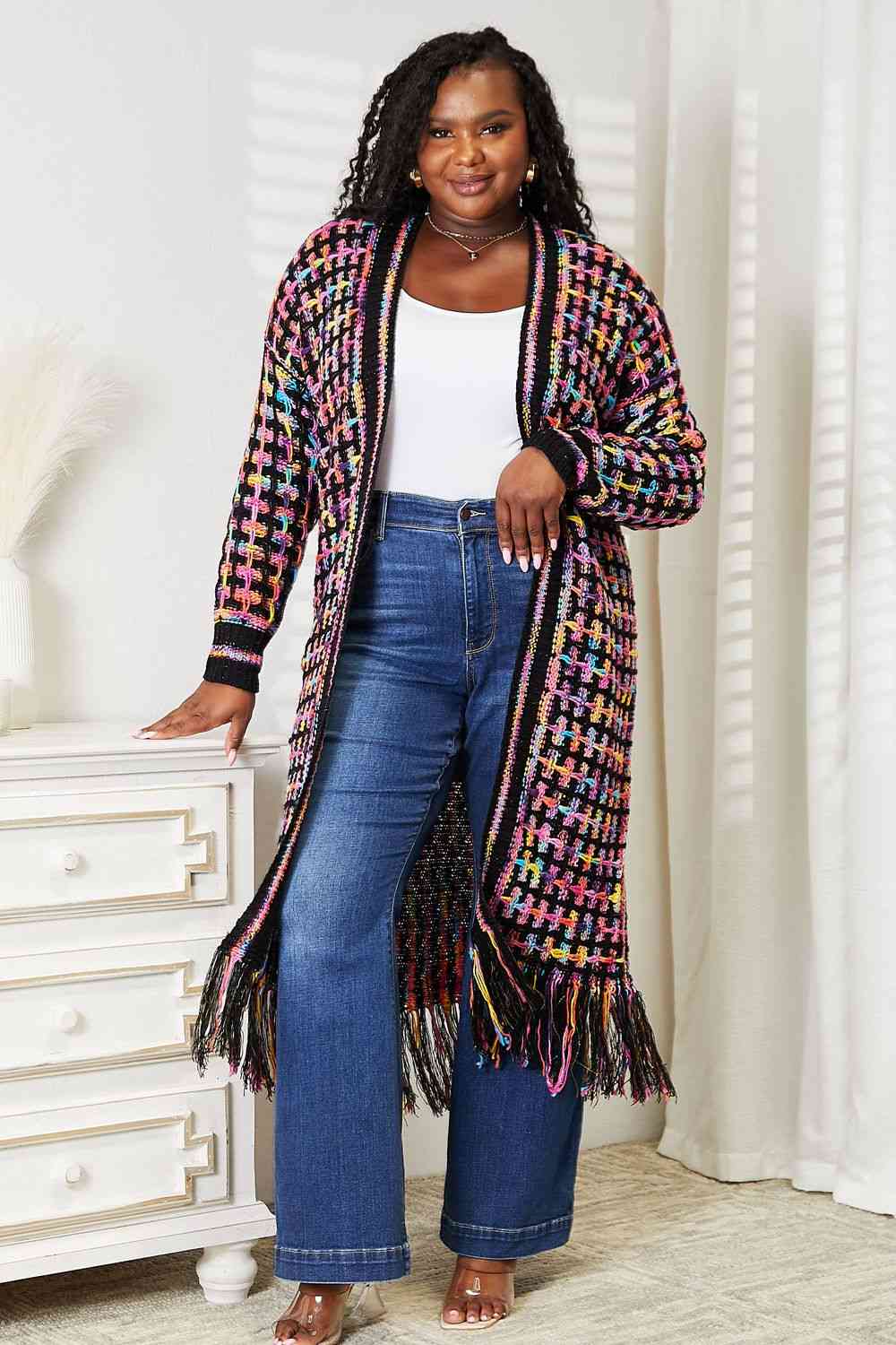 Double Take Full Size Multicolored Open Front Fringe Hem Cardigan - Do Shop It™