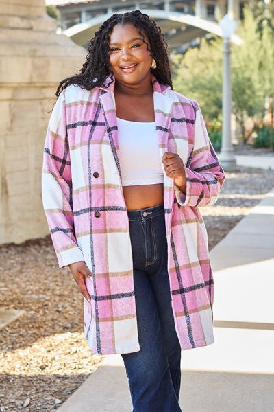 Double Take Full Size Plaid Button Up Lapel Collar Coat - Do Shop It™