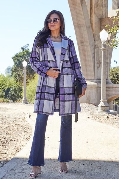 Double Take Full Size Plaid Button Up Lapel Collar Coat - Do Shop It™