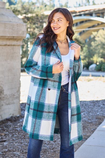 Double Take Full Size Plaid Button Up Lapel Collar Coat - Do Shop It™