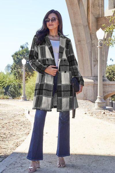 Double Take Full Size Plaid Button Up Lapel Collar Coat - Do Shop It™