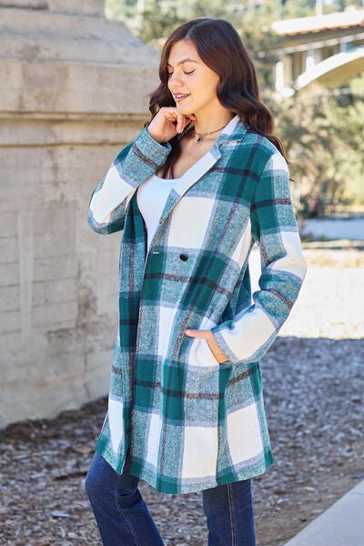 Double Take Full Size Plaid Button Up Lapel Collar Coat - Do Shop It™