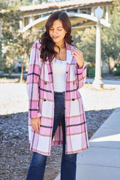 Double Take Full Size Plaid Button Up Lapel Collar Coat - Do Shop It™