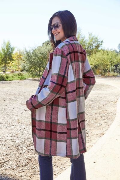 Double Take Full Size Plaid Button Up Lapel Collar Coat - Do Shop It™