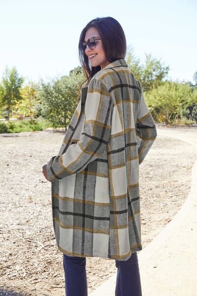 Double Take Full Size Plaid Button Up Lapel Collar Coat - Do Shop It™