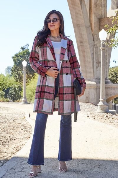 Double Take Full Size Plaid Button Up Lapel Collar Coat - Do Shop It™