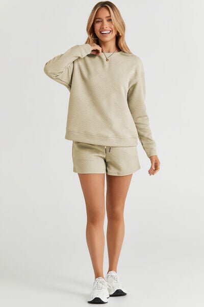 Double Take Full Size Texture Long Sleeve Top and Drawstring Shorts Set - Do Shop It™