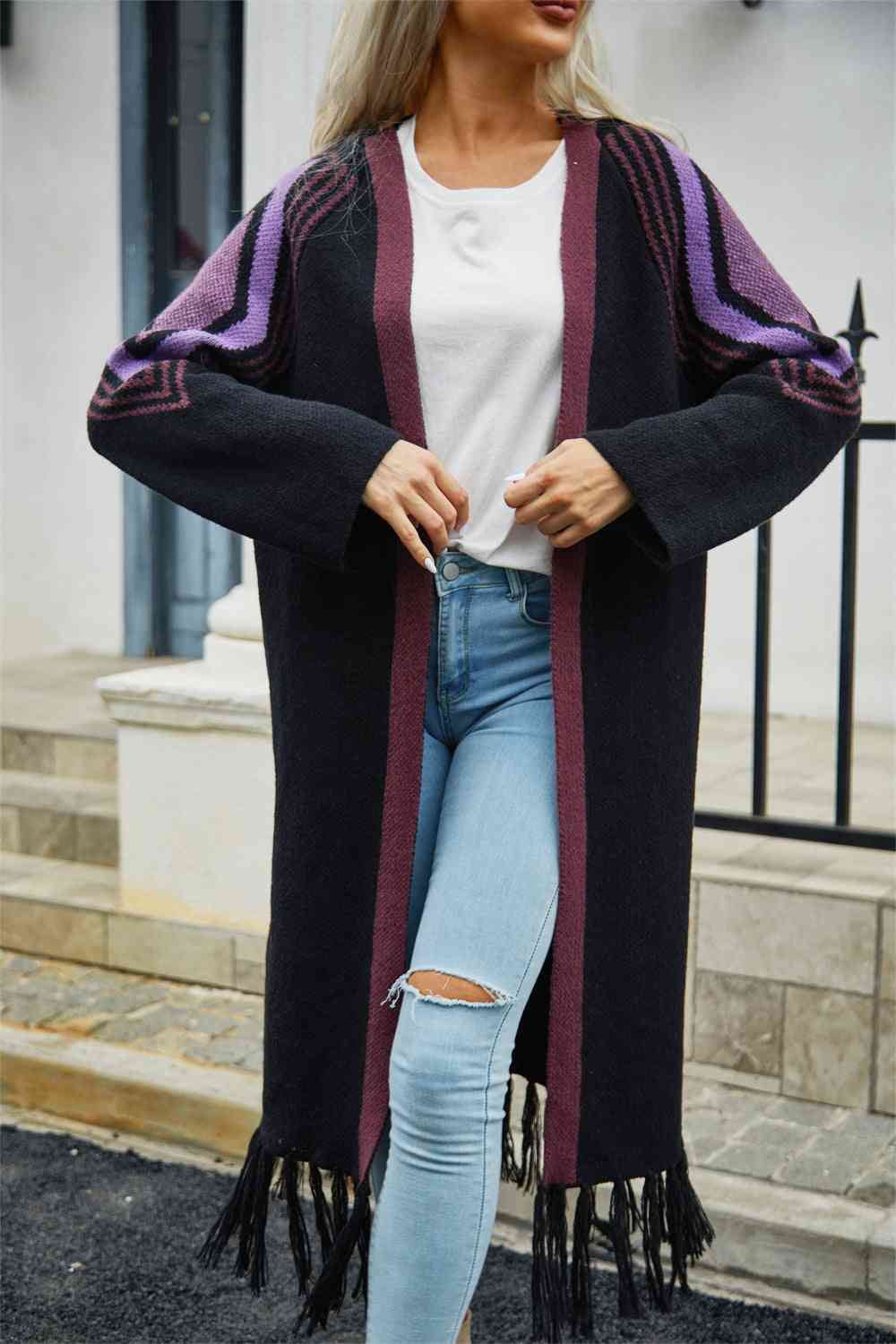 Double Take Geometric Fringe Hem Open Front Duster Cardigan - Do Shop It™