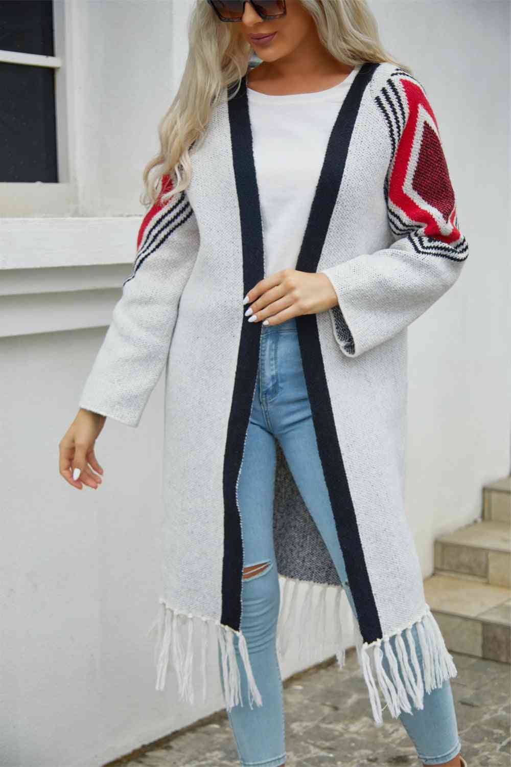 Double Take Geometric Fringe Hem Open Front Duster Cardigan - Do Shop It™