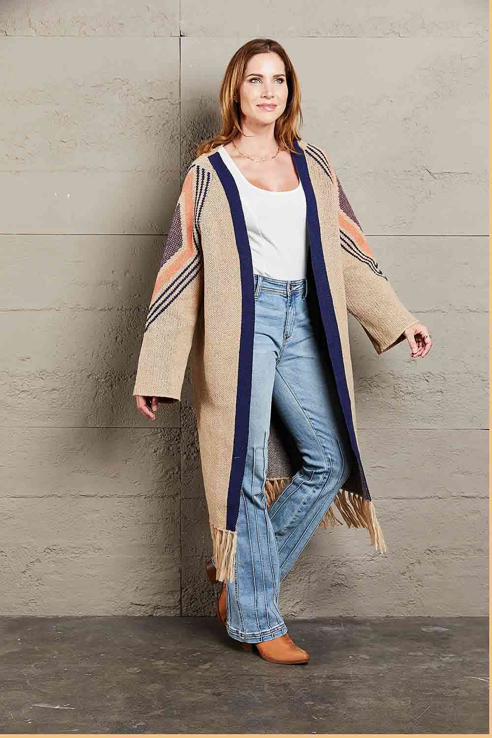 Double Take Geometric Fringe Hem Open Front Duster Cardigan - Do Shop It™