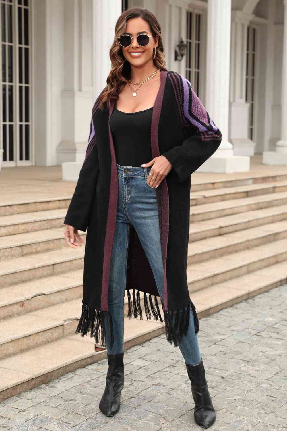 Double Take Geometric Fringe Hem Open Front Duster Cardigan - Do Shop It™