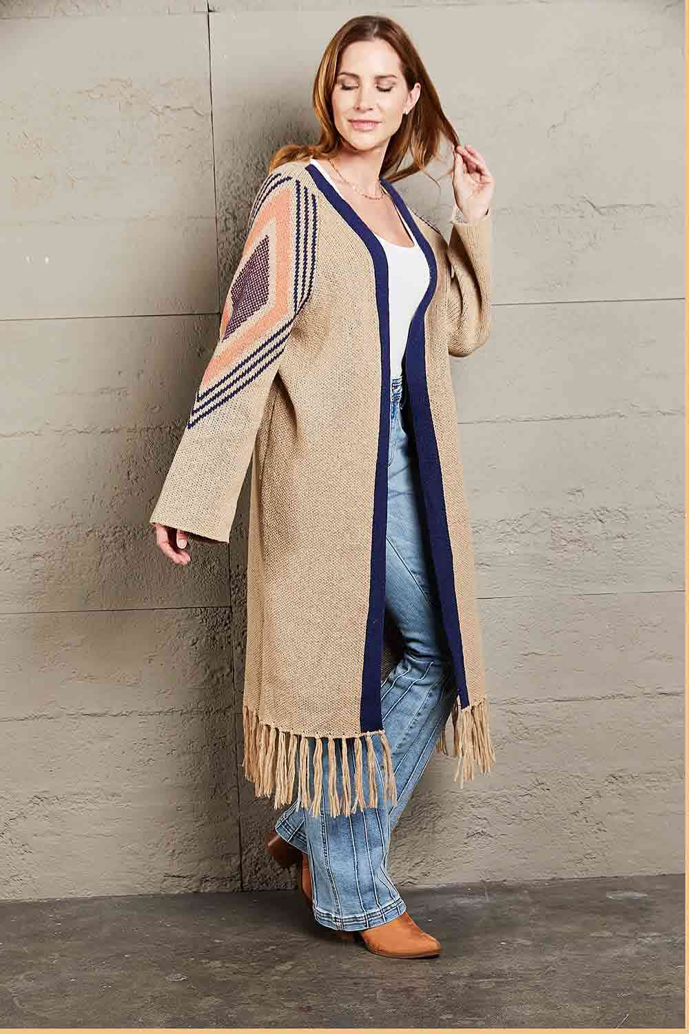 Double Take Geometric Fringe Hem Open Front Duster Cardigan - Do Shop It™