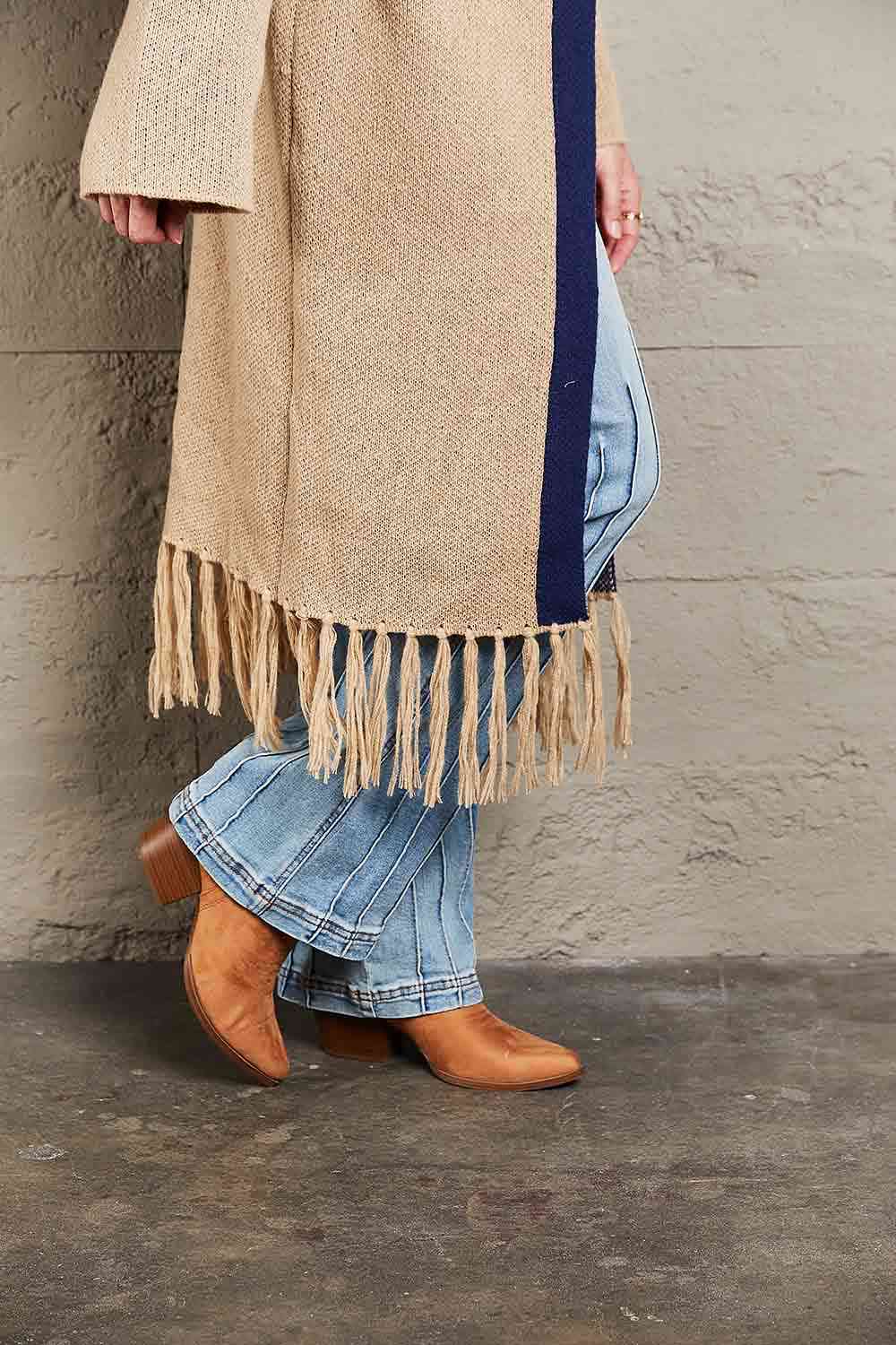 Double Take Geometric Fringe Hem Open Front Duster Cardigan - Do Shop It™