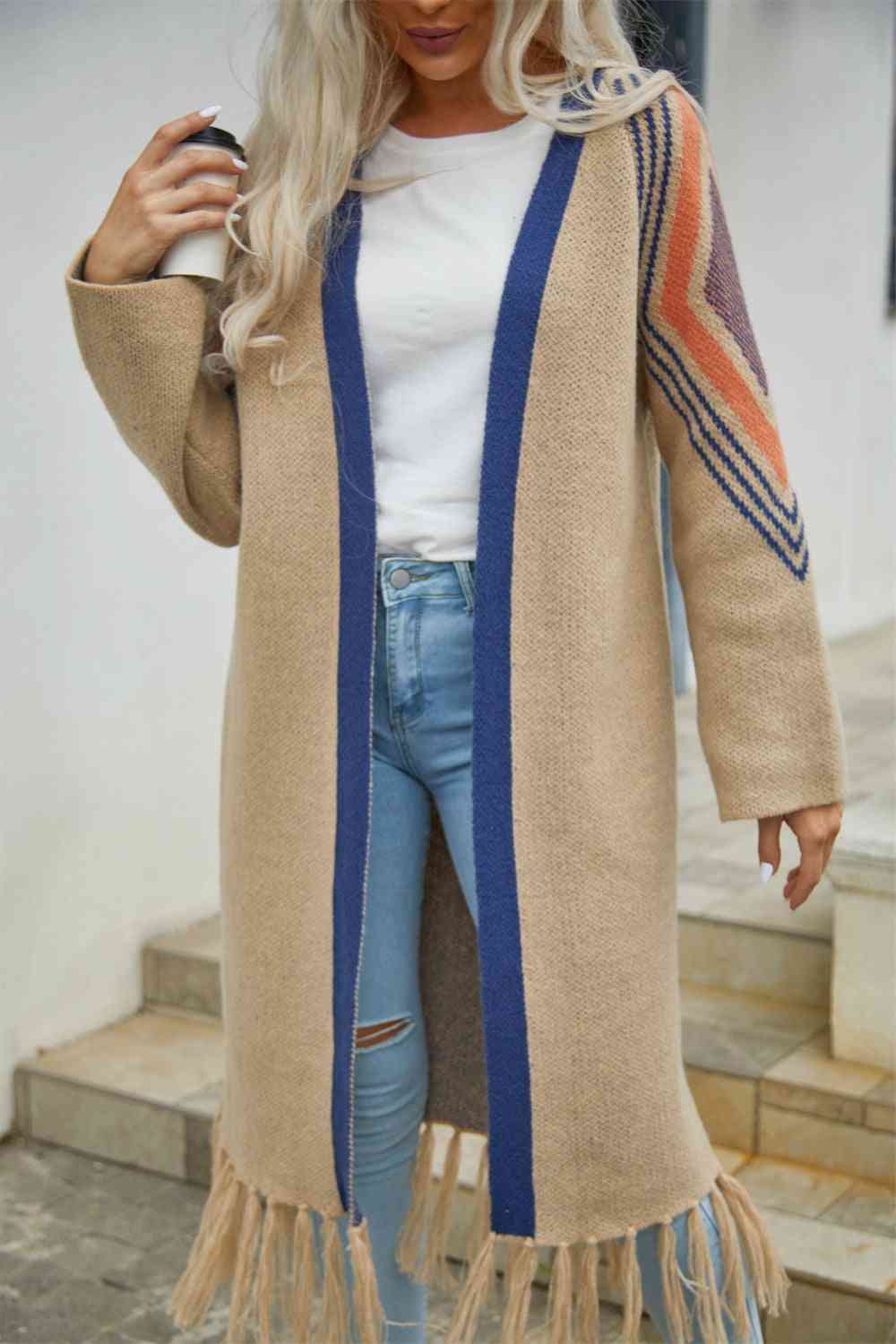 Double Take Geometric Fringe Hem Open Front Duster Cardigan - Do Shop It™