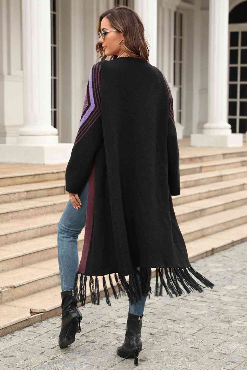 Double Take Geometric Fringe Hem Open Front Duster Cardigan - Do Shop It™