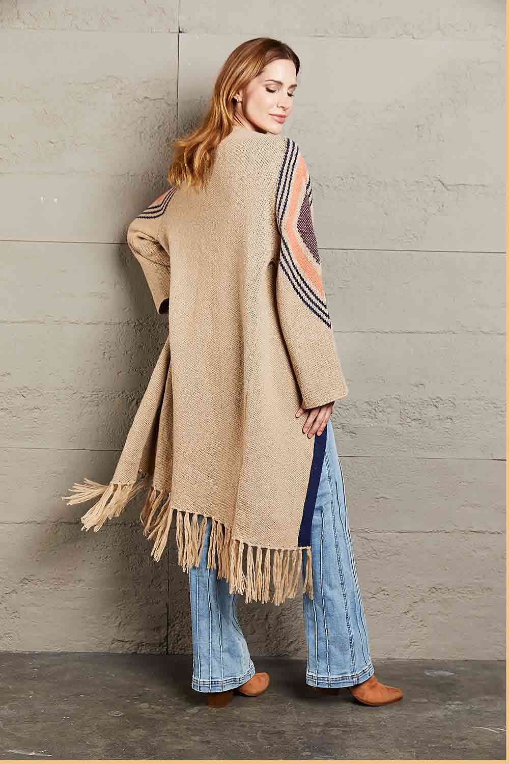 Double Take Geometric Fringe Hem Open Front Duster Cardigan - Do Shop It™