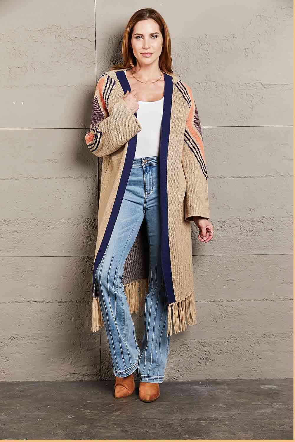 Double Take Geometric Fringe Hem Open Front Duster Cardigan - Do Shop It™