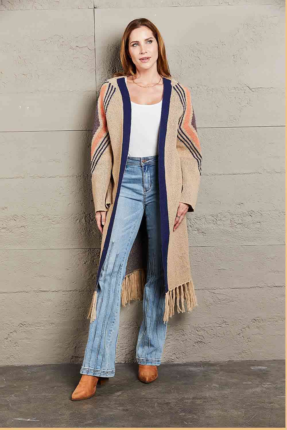 Double Take Geometric Fringe Hem Open Front Duster Cardigan - Do Shop It™