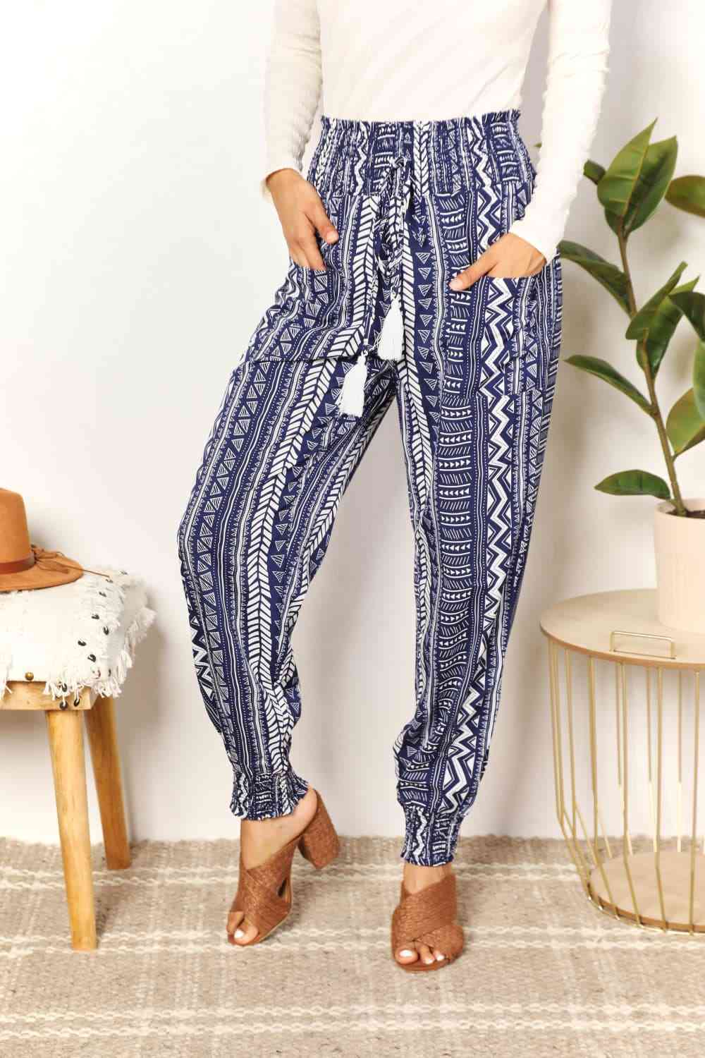 Double Take Geometric Print Tassel High - Rise Pants - Do Shop It™