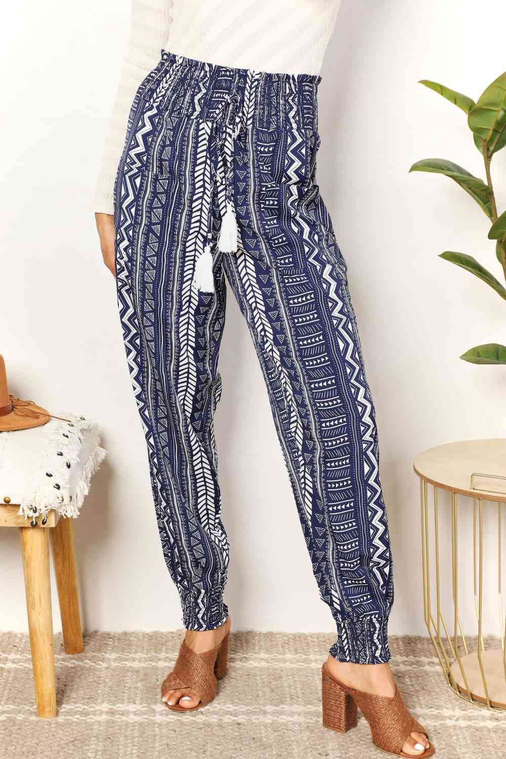 Double Take Geometric Print Tassel High - Rise Pants - Do Shop It™