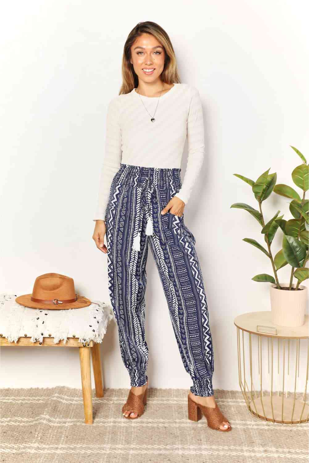 Double Take Geometric Print Tassel High - Rise Pants - Do Shop It™