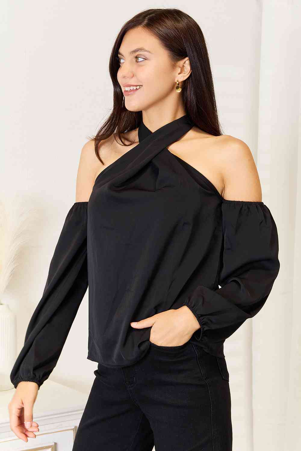 Double Take Grecian Cold Shoulder Long Sleeve Blouse - Do Shop It™