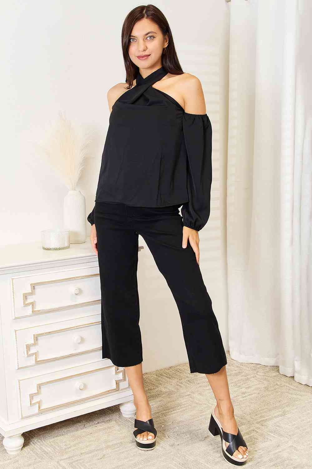 Double Take Grecian Cold Shoulder Long Sleeve Blouse - Do Shop It™