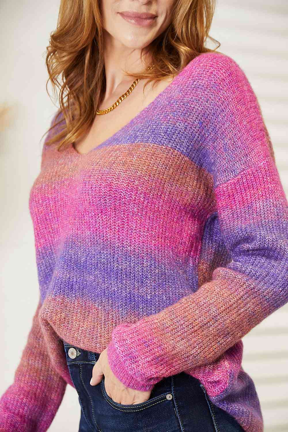 Double Take Multicolored Rib - Knit V - Neck Knit Pullover - Do Shop It™