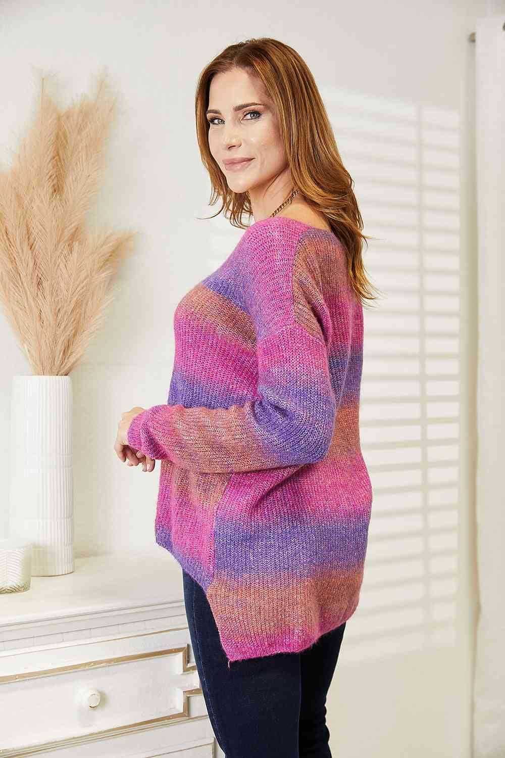 Double Take Multicolored Rib - Knit V - Neck Knit Pullover - Do Shop It™