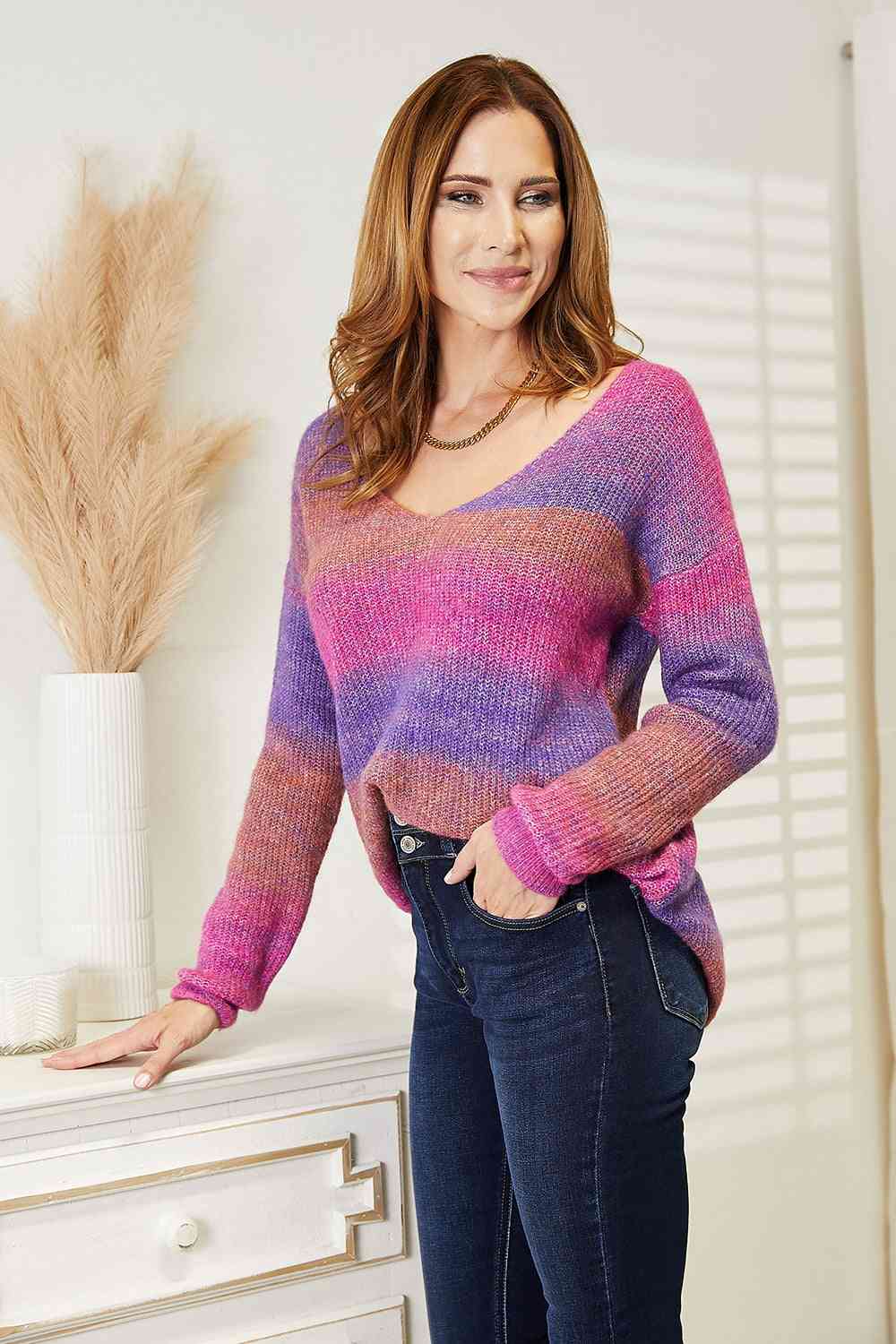 Double Take Multicolored Rib - Knit V - Neck Knit Pullover - Do Shop It™