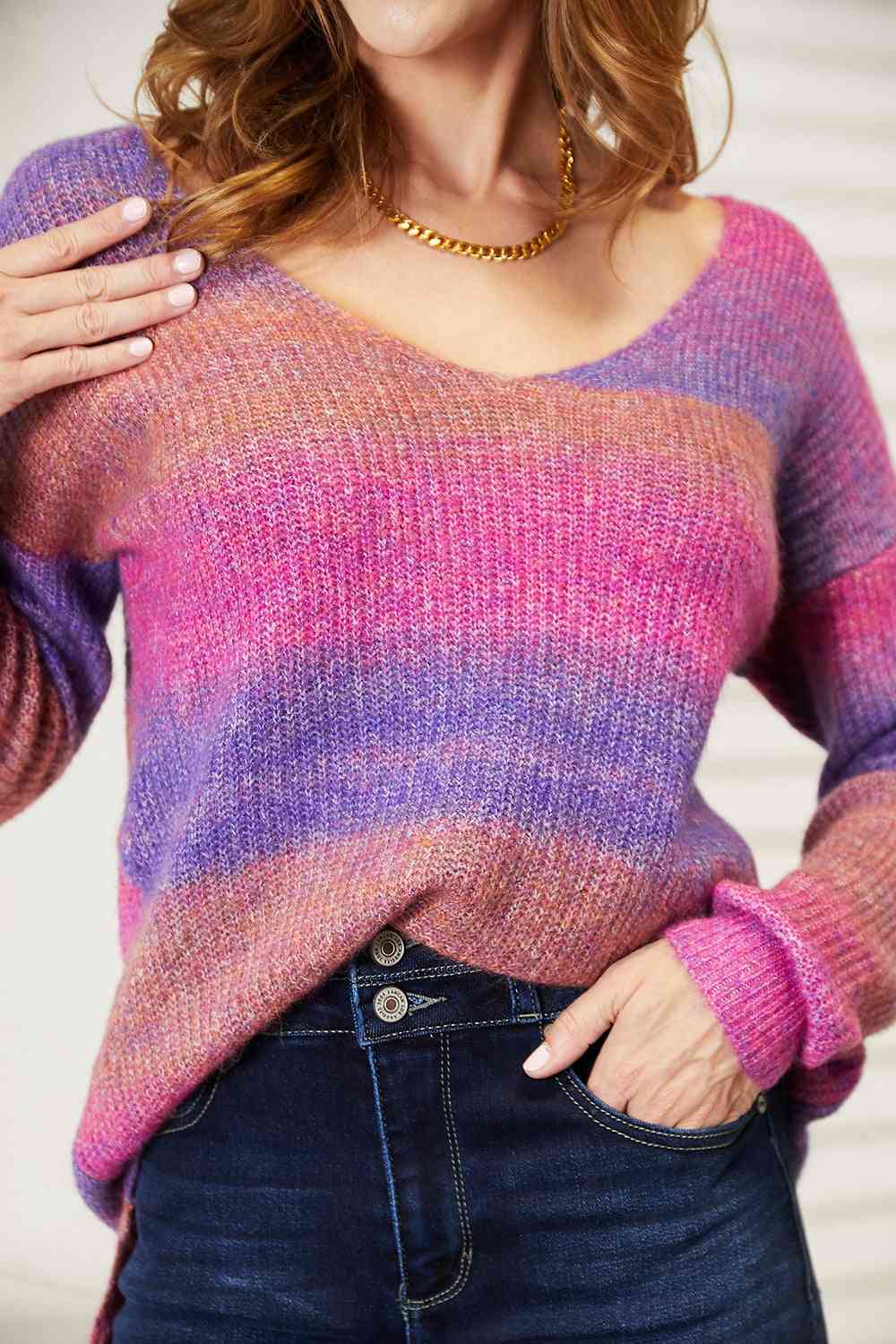 Double Take Multicolored Rib - Knit V - Neck Knit Pullover - Do Shop It™