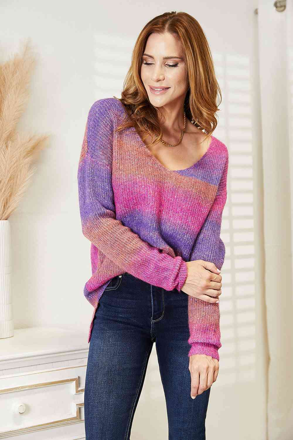 Double Take Multicolored Rib - Knit V - Neck Knit Pullover - Do Shop It™