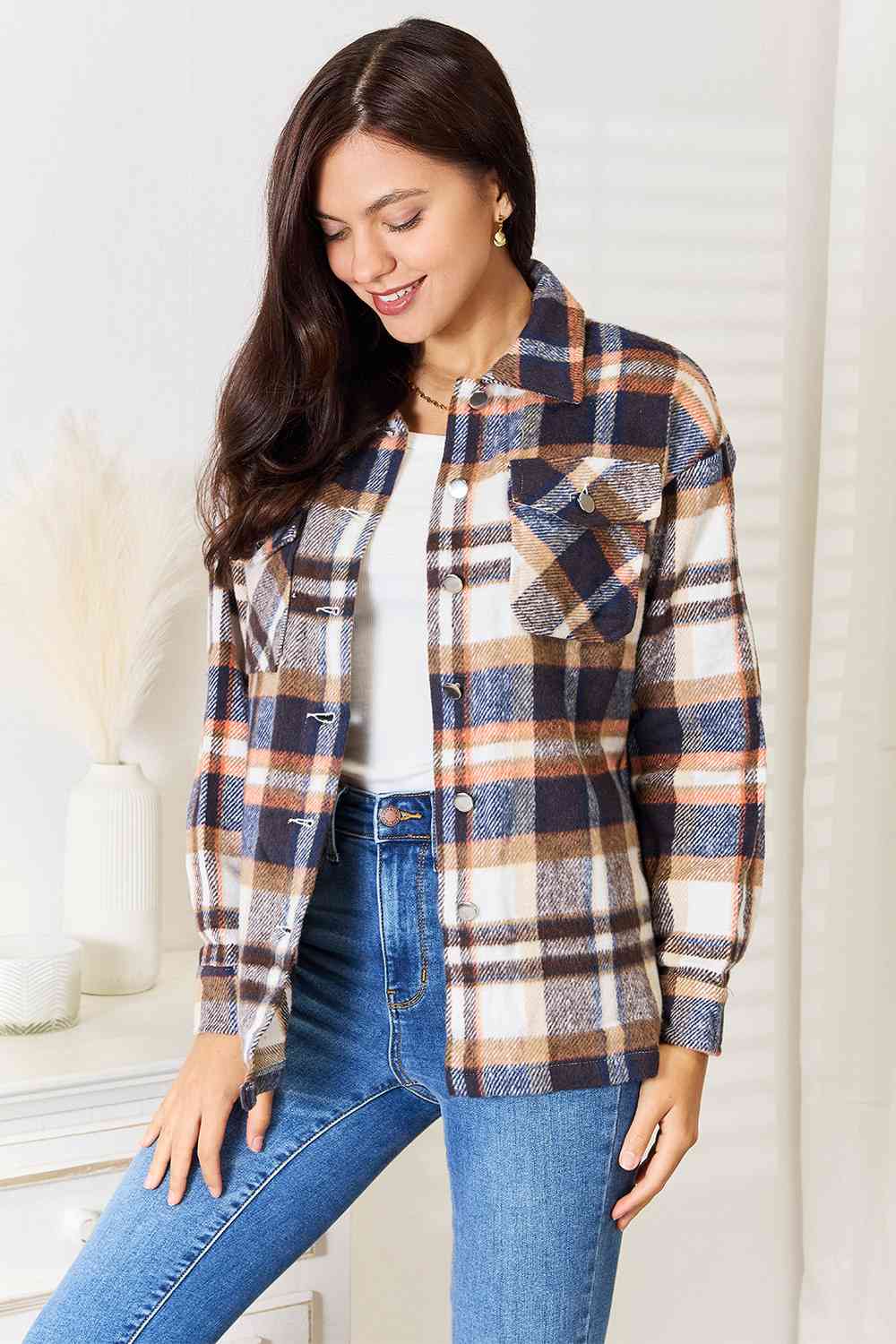 Double Take Plaid Button Front Shirt Jacket with Breast Pockets - Do Shop It™