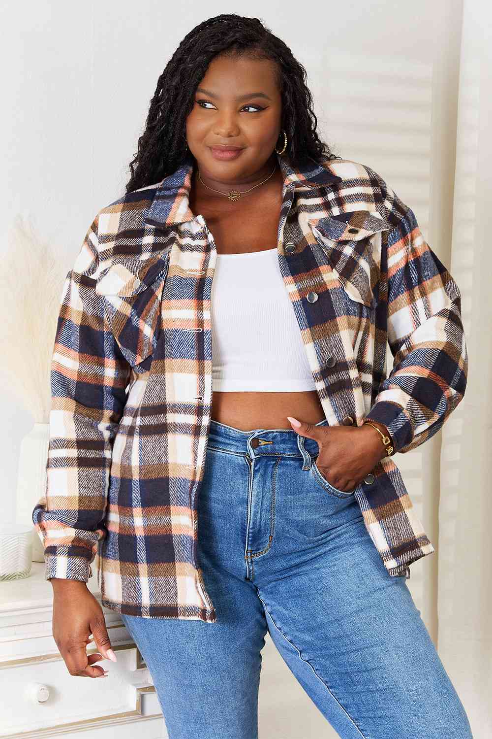 Double Take Plaid Button Front Shirt Jacket with Breast Pockets - Do Shop It™