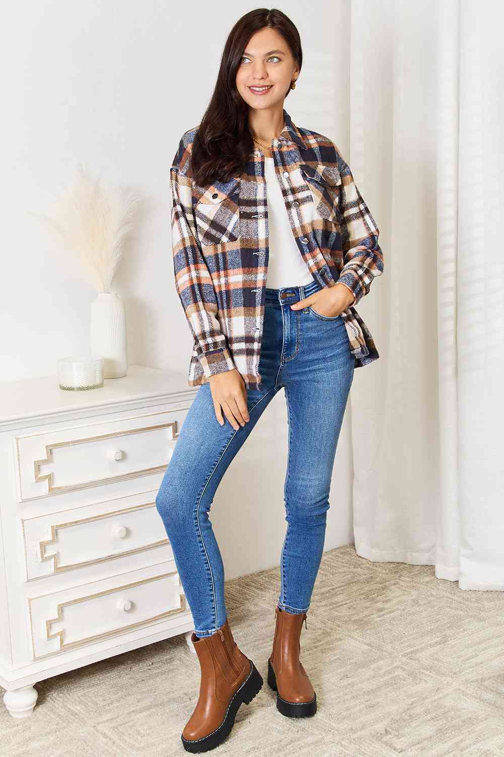 Double Take Plaid Button Front Shirt Jacket with Breast Pockets - Do Shop It™