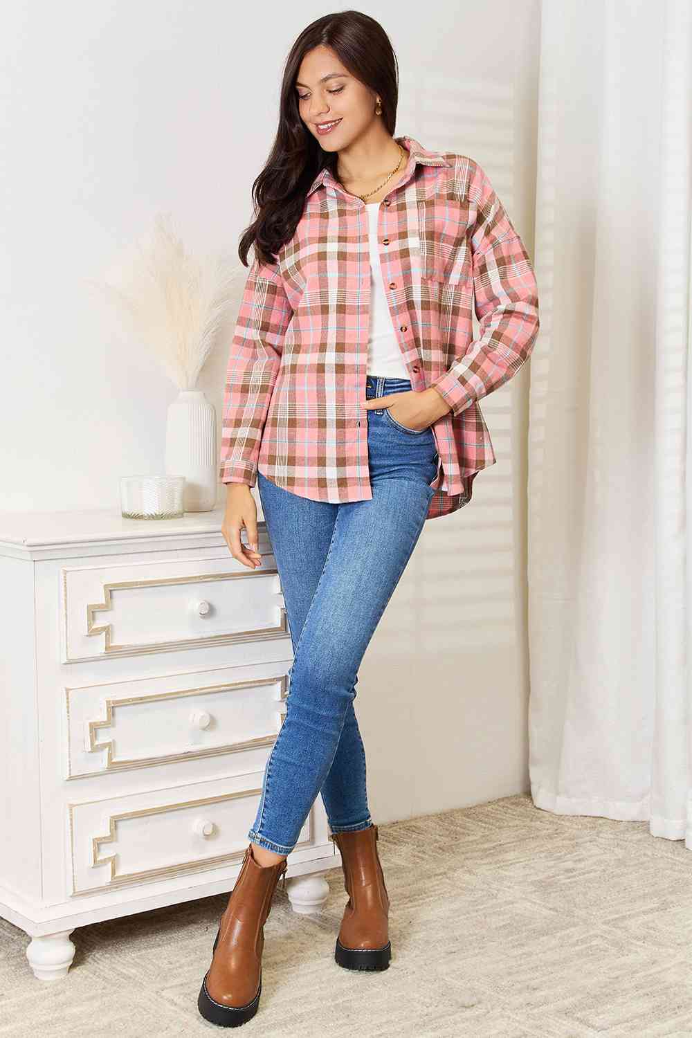 Double Take Plaid Collared Neck Long Sleeve Button - Up Shirt - Do Shop It™