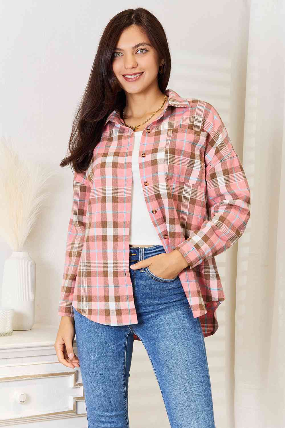 Double Take Plaid Collared Neck Long Sleeve Button - Up Shirt - Do Shop It™