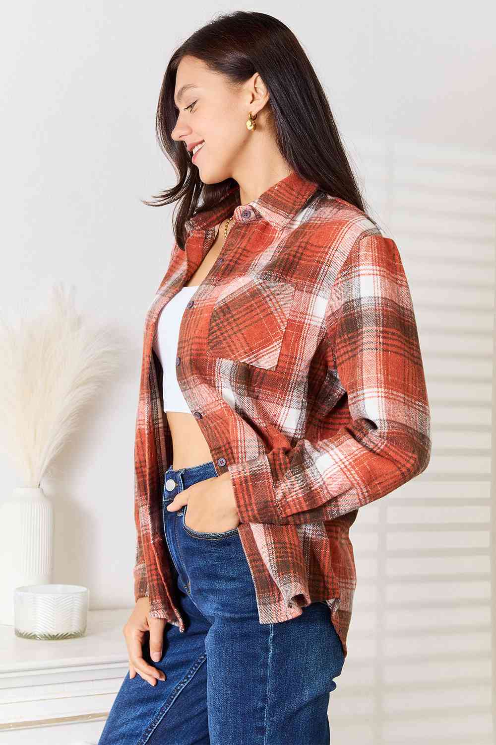 Double Take Plaid Collared Neck Long Sleeve Shirt - Do Shop It™