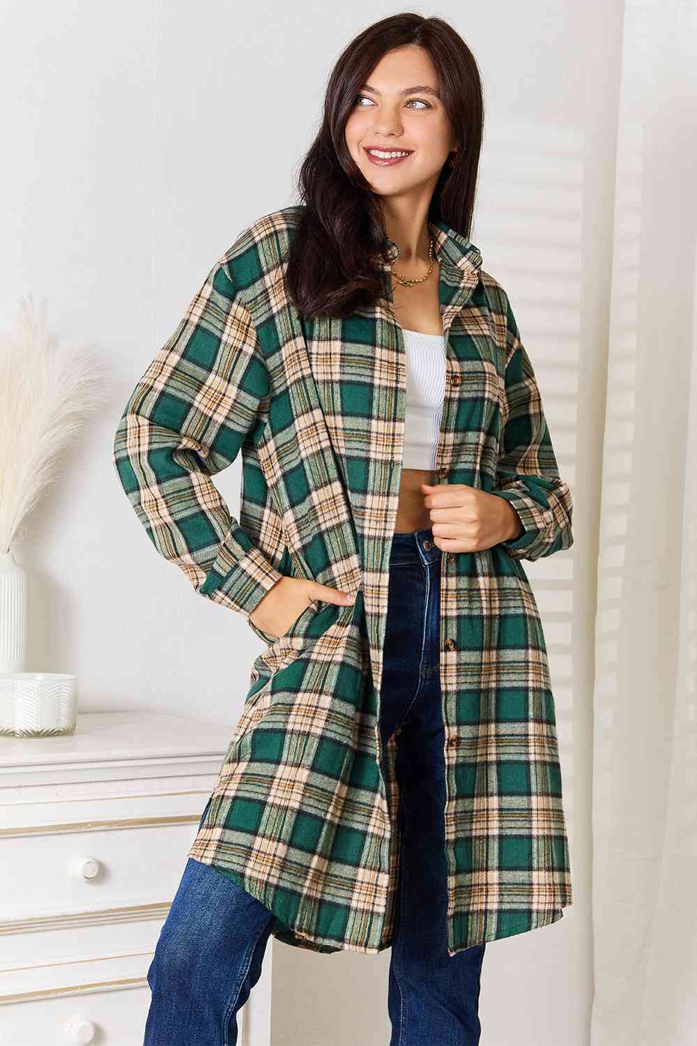 Double Take Plaid Collared Neck Long Sleeve Shirt - Do Shop It™