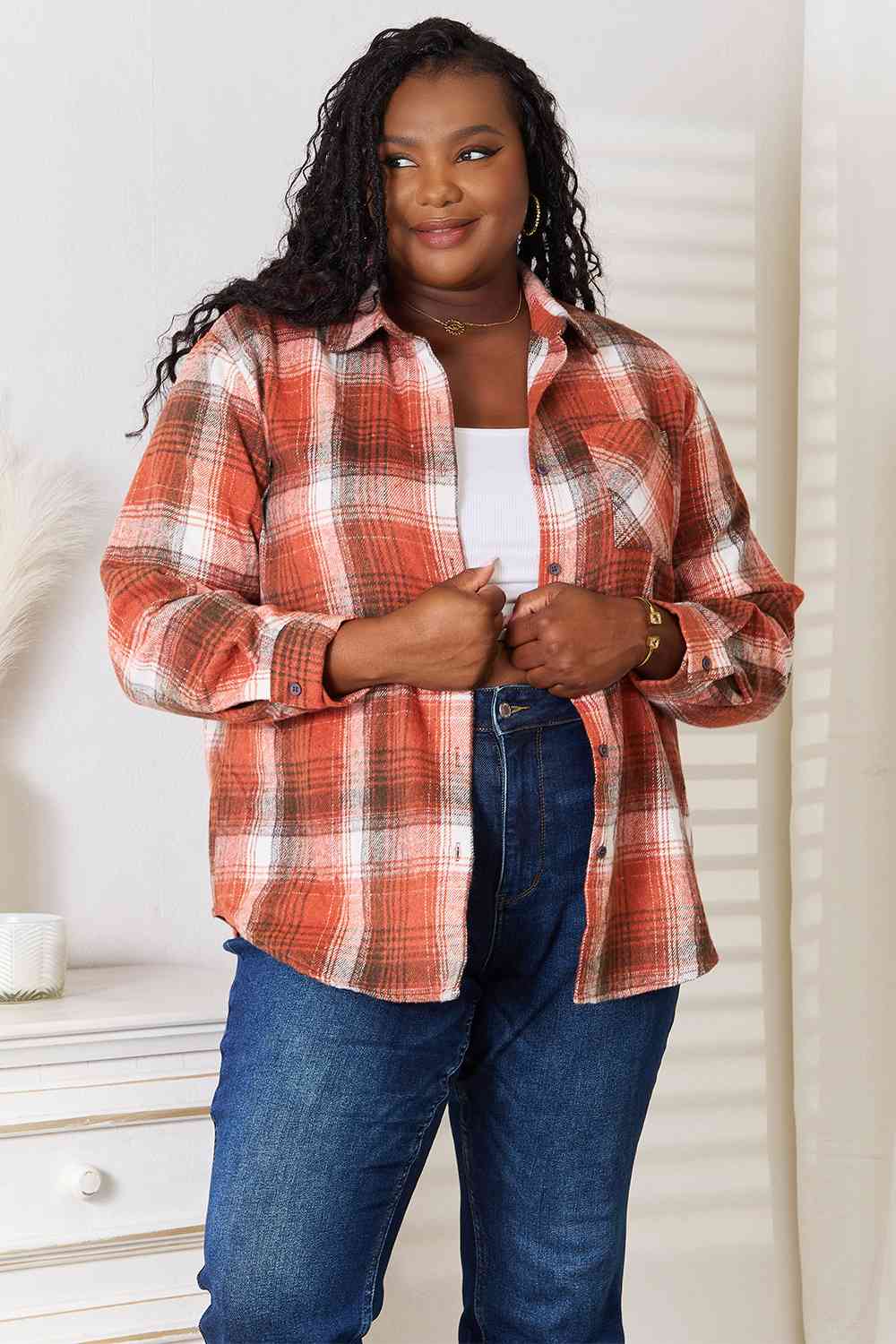 Double Take Plaid Collared Neck Long Sleeve Shirt - Do Shop It™