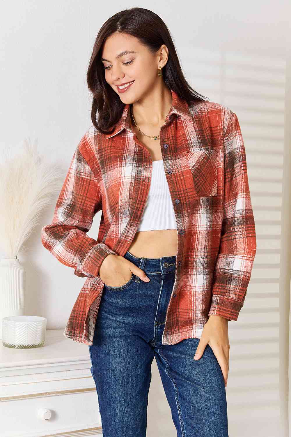 Double Take Plaid Collared Neck Long Sleeve Shirt - Do Shop It™