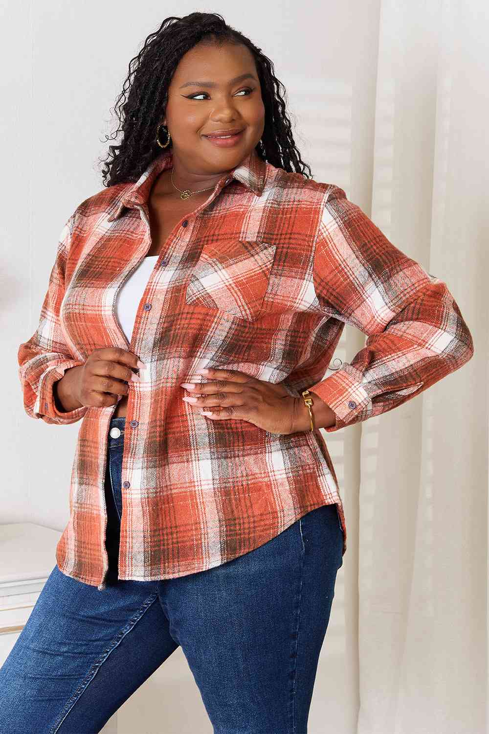 Double Take Plaid Collared Neck Long Sleeve Shirt - Do Shop It™