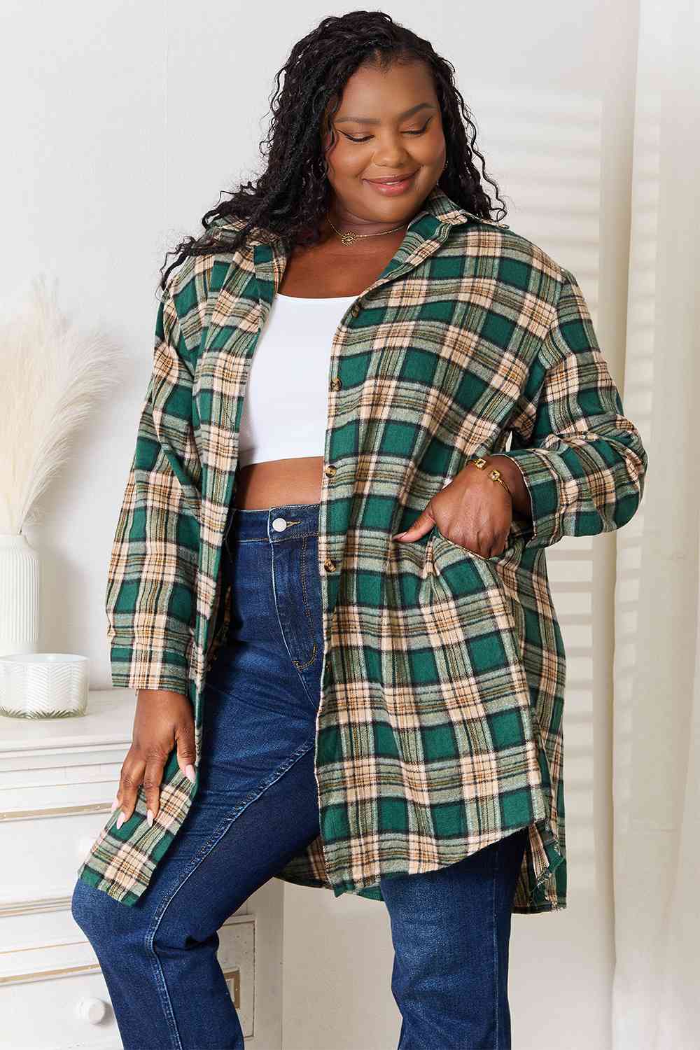 Double Take Plaid Collared Neck Long Sleeve Shirt - Do Shop It™