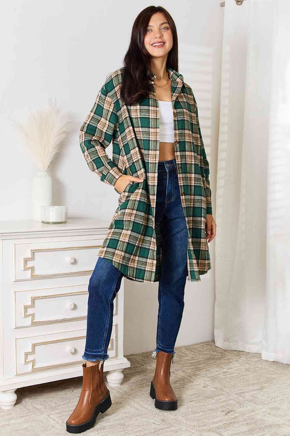 Double Take Plaid Collared Neck Long Sleeve Shirt - Do Shop It™