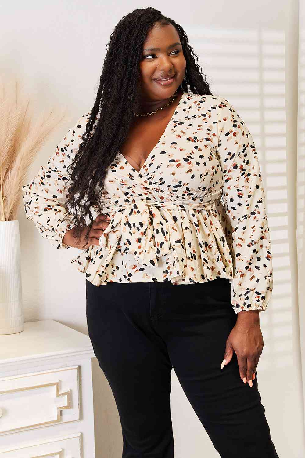 Double Take Printed Tied Plunge Peplum Blouse - Do Shop It™