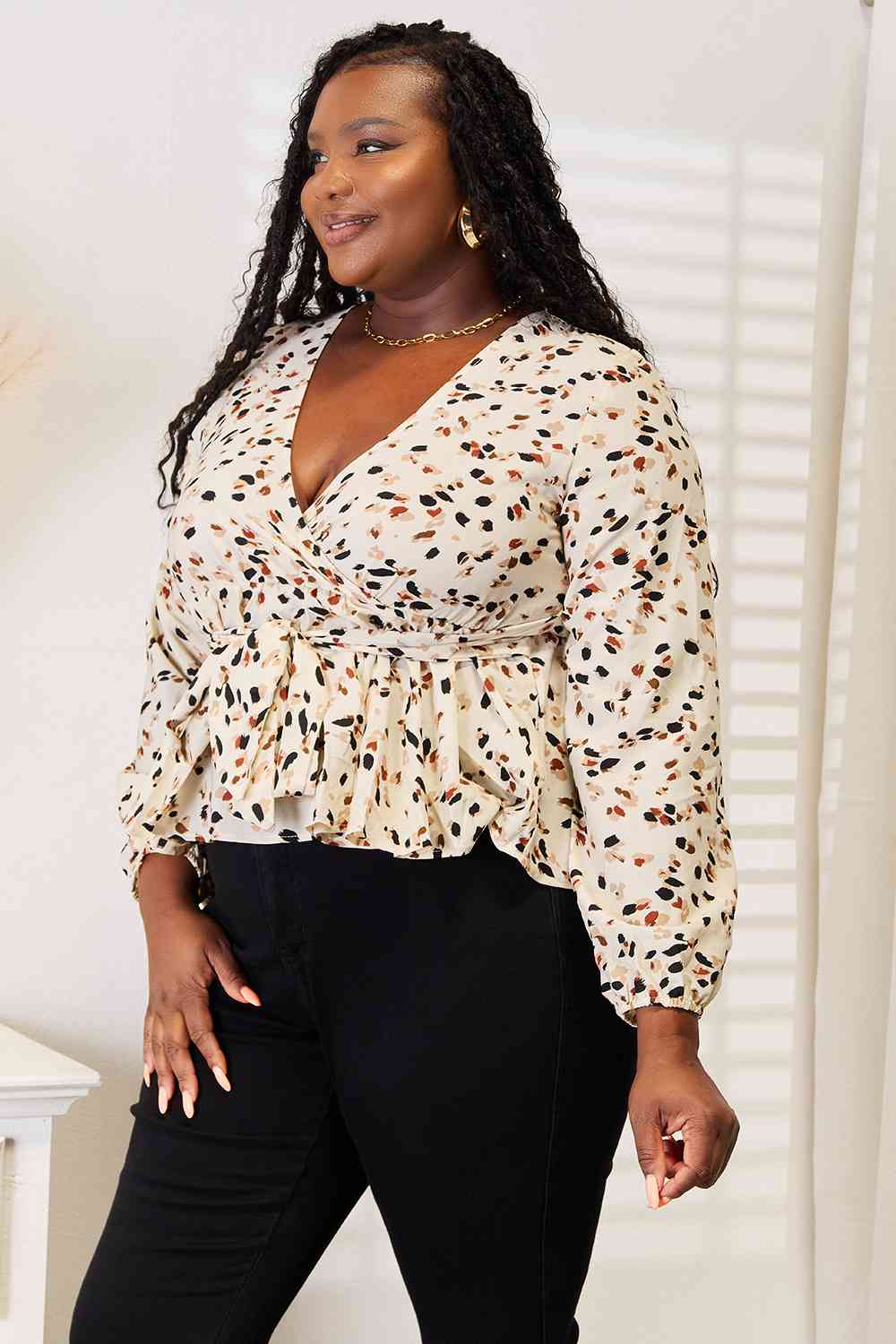 Double Take Printed Tied Plunge Peplum Blouse - Do Shop It™