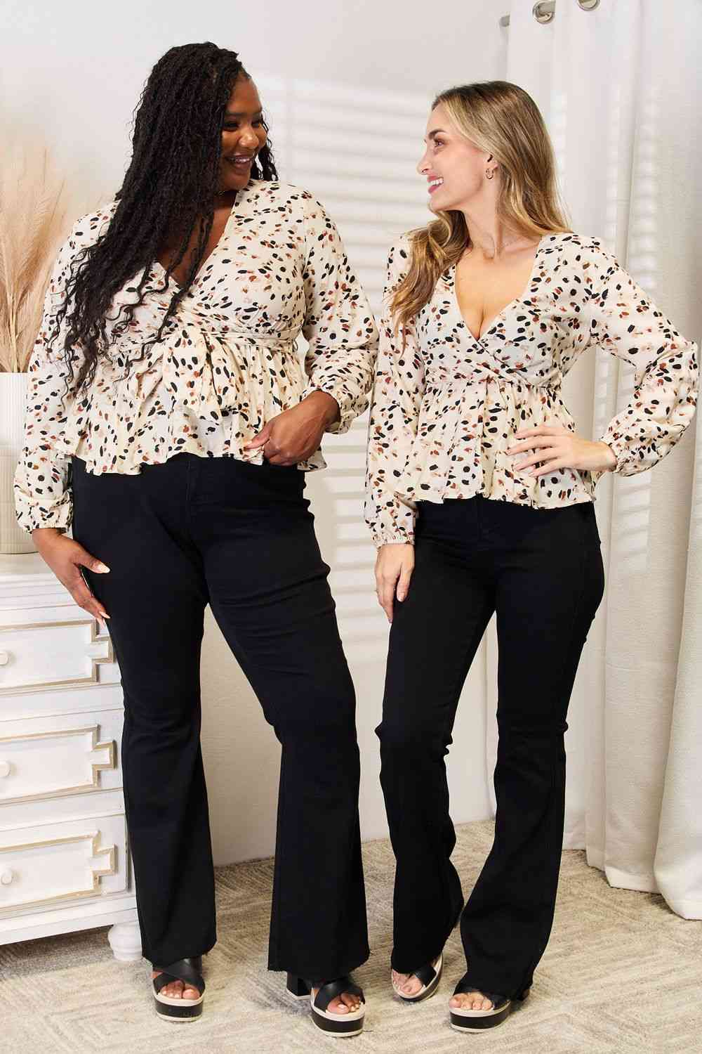 Double Take Printed Tied Plunge Peplum Blouse - Do Shop It™