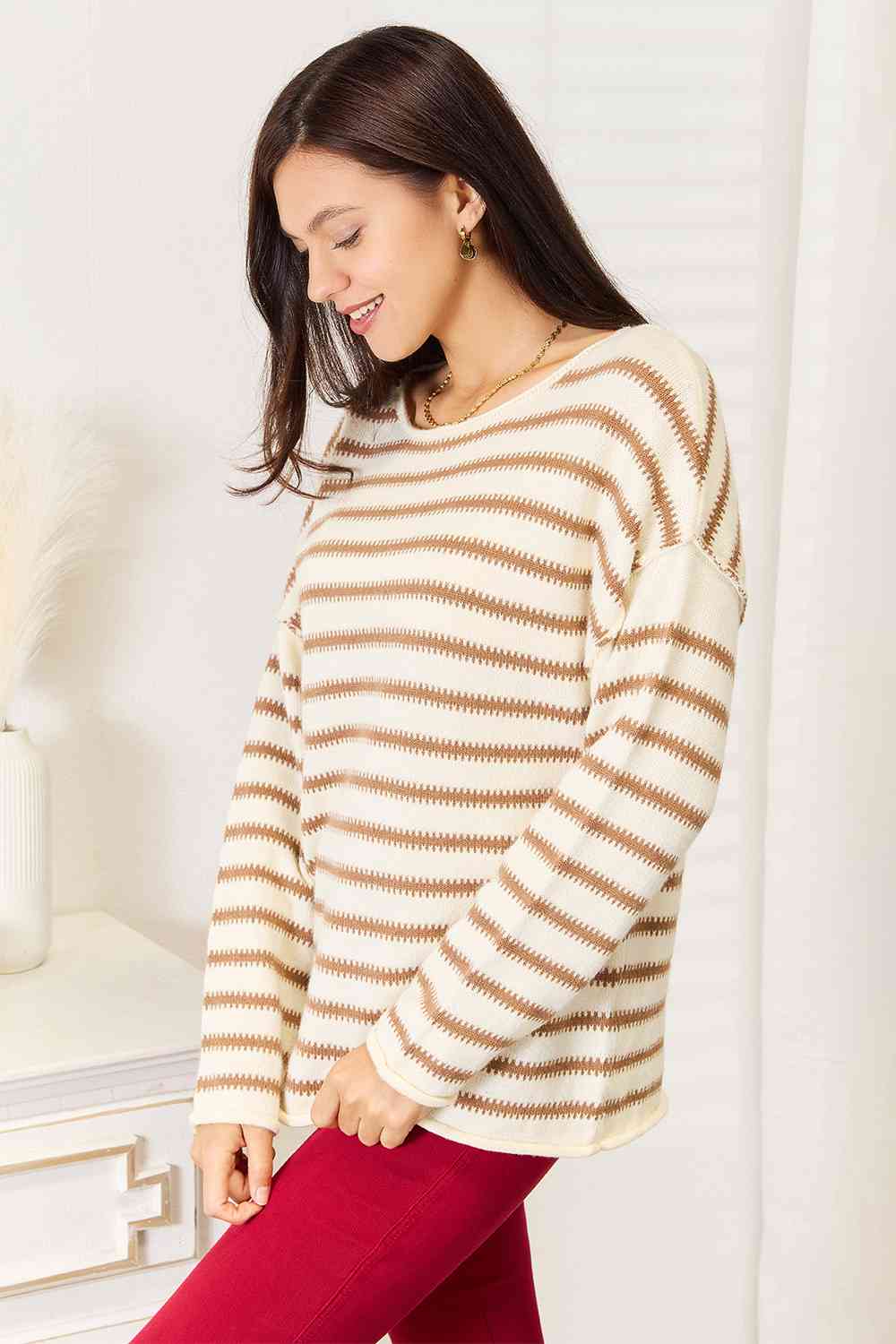 Double Take Striped Boat Neck Sweater - Do Shop It™